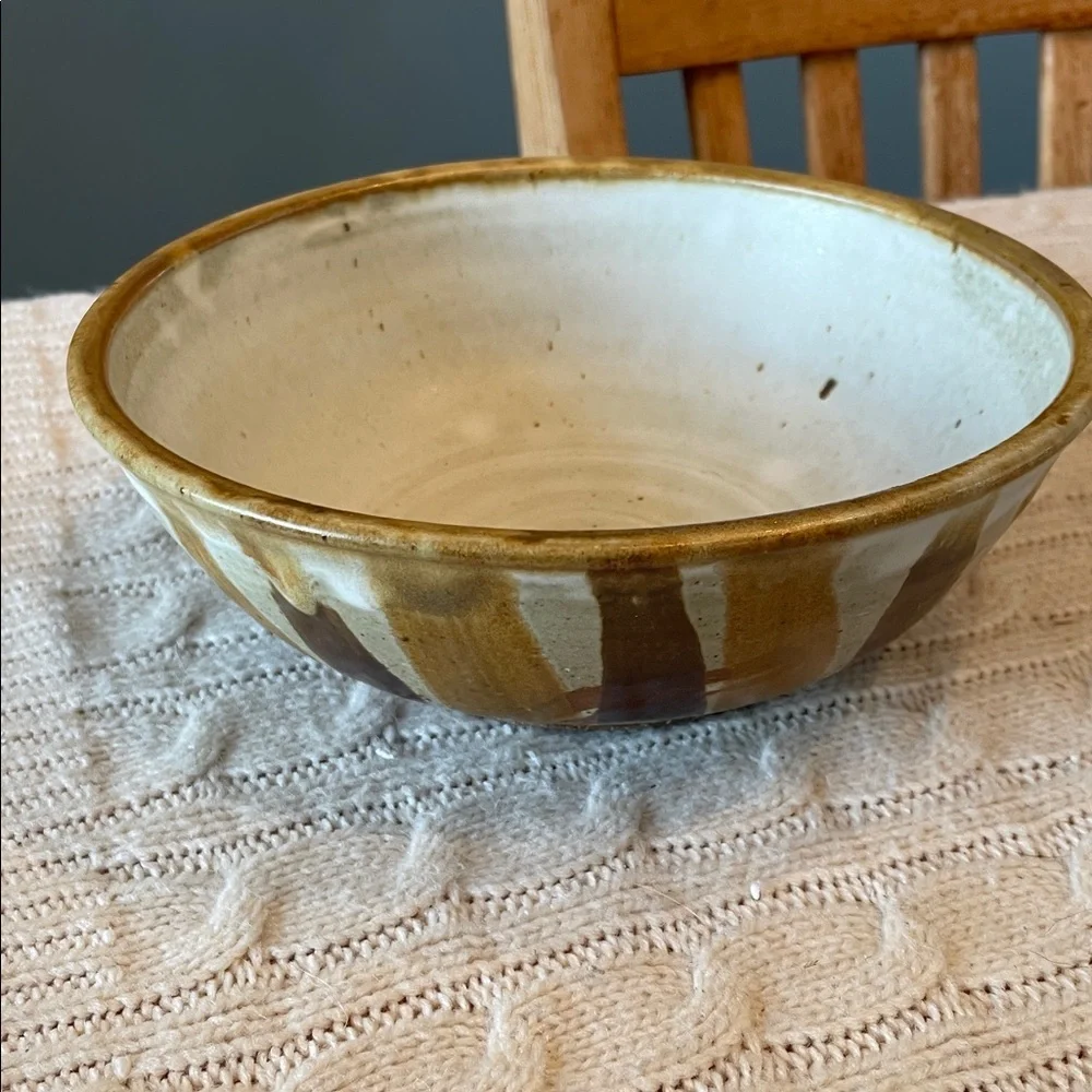 Glazed signed pottery bowl kiln fired beige/tans/browns